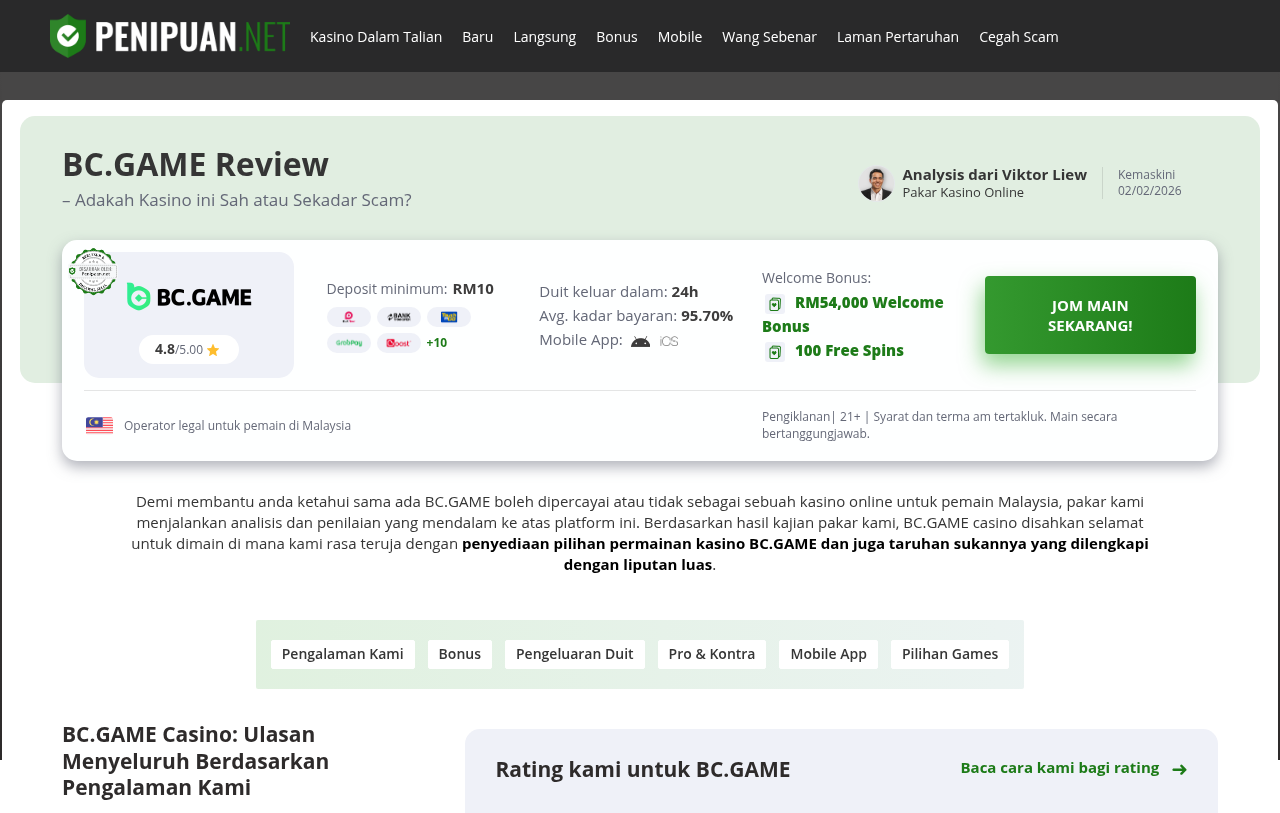 Tangkapan ulasan Bahasa Malaysia mengenai BC.Game sebagai konteks pengguna